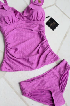 Fuchsia Omega Texture Eva Frill Tankini - Final Sale -Bikini Confidence NN2881YOF Eva tankini swimsuit omega fushia nip tuck swim tummy control womens swimwear flatlay