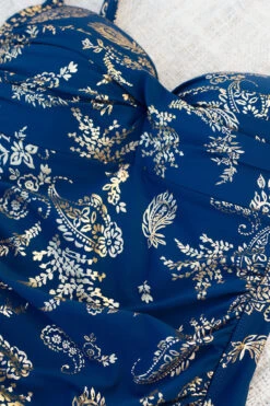 Navy Foil Kashmir Joanne One Piece Swimsuit - Final Sale -Bikini Confidence NNN2976FKN FOIL KASHMIR ONE PIECE SWIMSUIT NIP TUCK SWIM FLATLAY 1