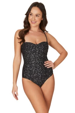 Leopard Foil Colette Bandeau One Piece Swimsuit -Bikini Confidence S56 NG1164LFK one piece colette swimsuit tummy control powermesh mom suit foil black sliver animal leopard 21466 NipTuckSwim 1167